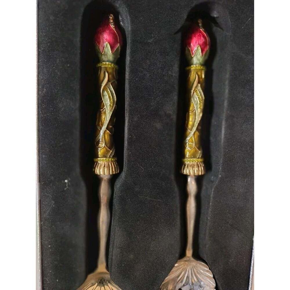 Sainish Ornate Floral Serving Set - Large Fork & Spoon - Jeweled Enamel Handles